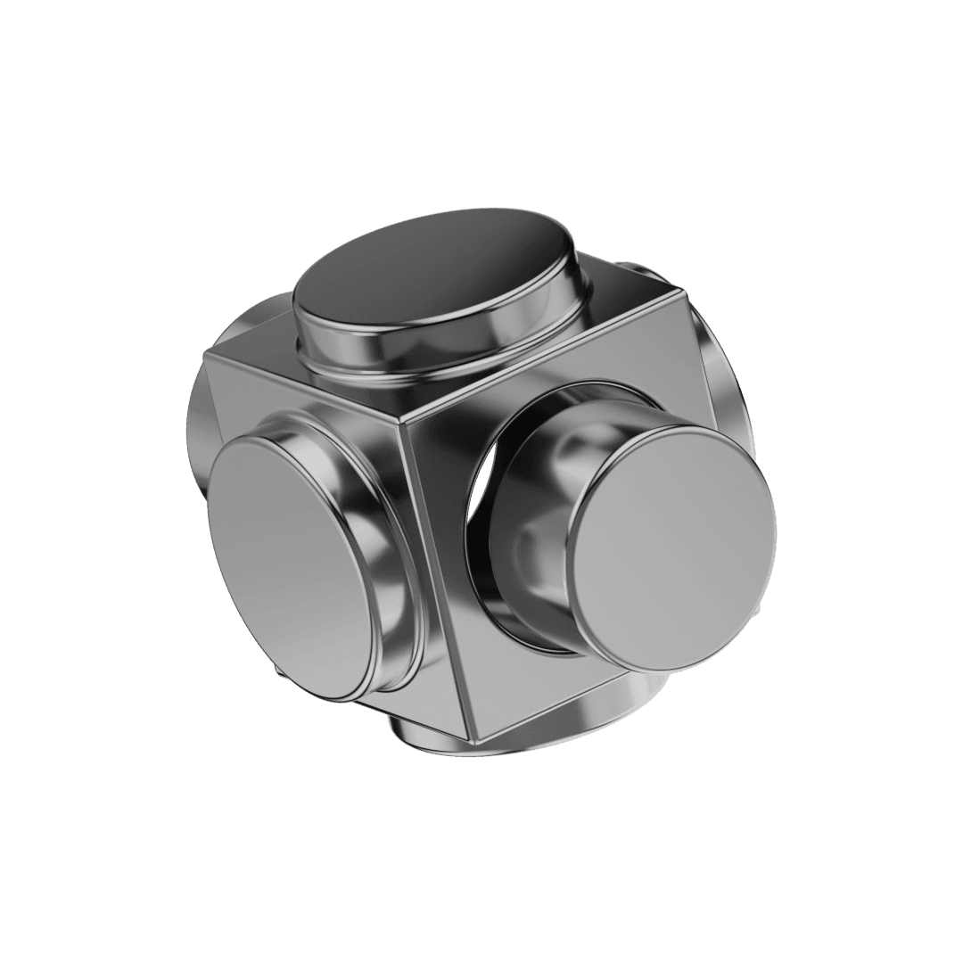 Gray Cube with cylinders representing a 3D puzlle piece.