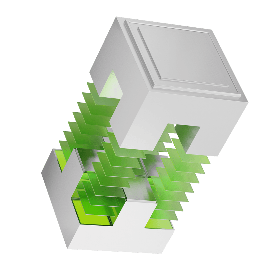 Gray puzzle cube with green pillars.
