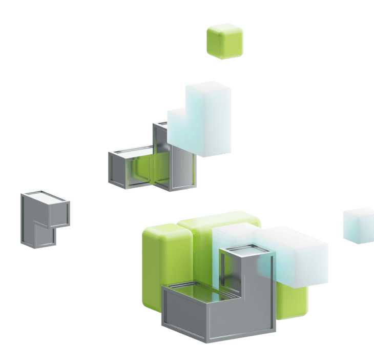 Cubes representing pieces falling into place to form a complete picture.