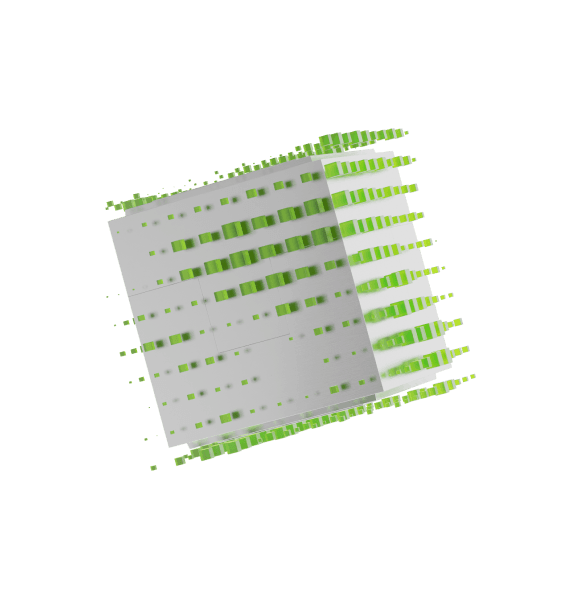 Green and grey cube representing the transformation of content into revenue.